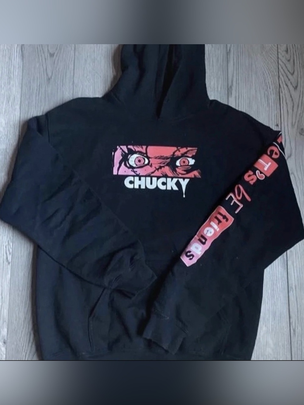 Chucky Graphic Black Hoodie with Pink-Red Print